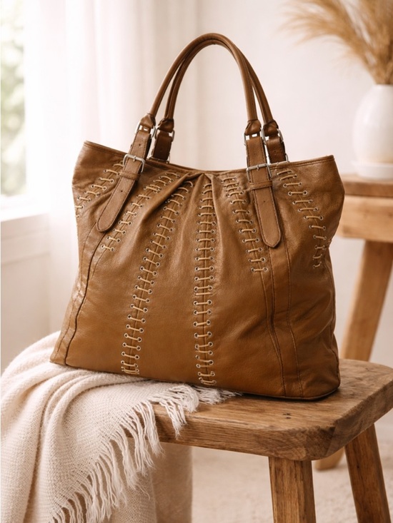 Barneys New York Handbags - Barneys New York Brown Leather Lace-Up Tote Bag Large Slouchy Shoulder Bag Boho